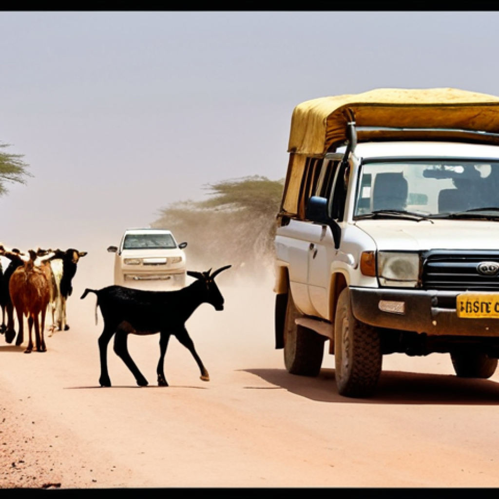 **Prompt:** A dusty, sun-baked road in Somaliland. A Land Cruiser 4x4 is carefully navigating around a herd of goats crossing the road. In the background, a small, colorful roadside fuel vendor is selling petrol from jerrycans. The scene captures the essence of rural Somaliland travel. Focus on realistic details and lighting.