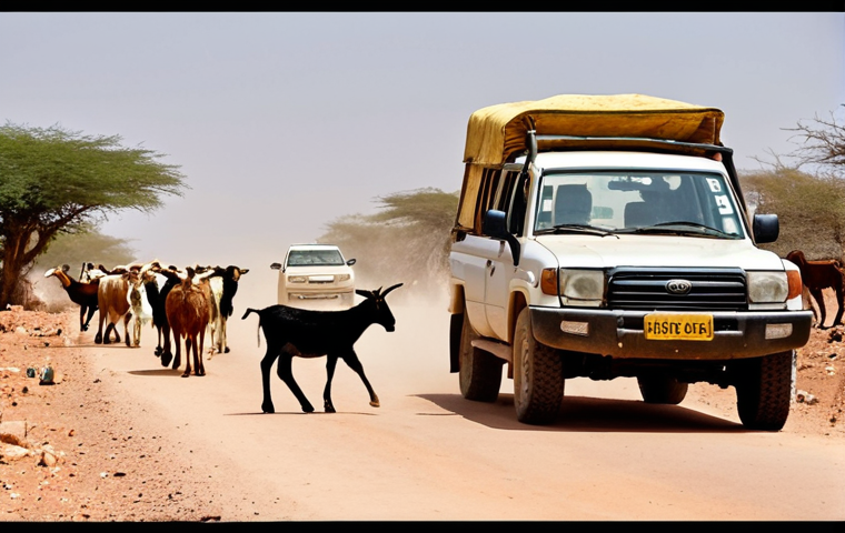 **Prompt:** A dusty, sun-baked road in Somaliland. A Land Cruiser 4x4 is carefully navigating around a herd of goats crossing the road. In the background, a small, colorful roadside fuel vendor is selling petrol from jerrycans. The scene captures the essence of rural Somaliland travel. Focus on realistic details and lighting.