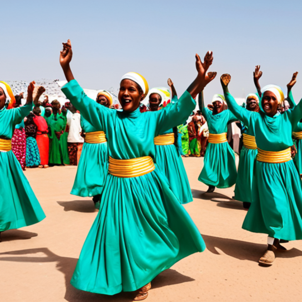 A group of Somaliland dancers, men and women, are performing the vigorous Dhaanto dance outdoors at a vibrant cultural festival in Hargeisa. The dancers are fully clothed in traditional, modest attire; men wear colorful Macawiis and women wear flowing Diracs. Their feet are pounding the ground in powerful, synchronized stomps, showcasing intense collective energy and unbridled joy. The scene captures the essence of community bonding and national identity. Professional photography, high detail, sharp focus, perfect anatomy, natural pose, correct proportions, well-formed hands, proper finger count, safe for work, appropriate content, fully clothed, family-friendly.