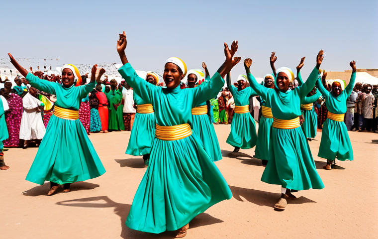 A group of Somaliland dancers, men and women, are performing the vigorous Dhaanto dance outdoors at a vibrant cultural festival in Hargeisa. The dancers are fully clothed in traditional, modest attire; men wear colorful Macawiis and women wear flowing Diracs. Their feet are pounding the ground in powerful, synchronized stomps, showcasing intense collective energy and unbridled joy. The scene captures the essence of community bonding and national identity. Professional photography, high detail, sharp focus, perfect anatomy, natural pose, correct proportions, well-formed hands, proper finger count, safe for work, appropriate content, fully clothed, family-friendly.