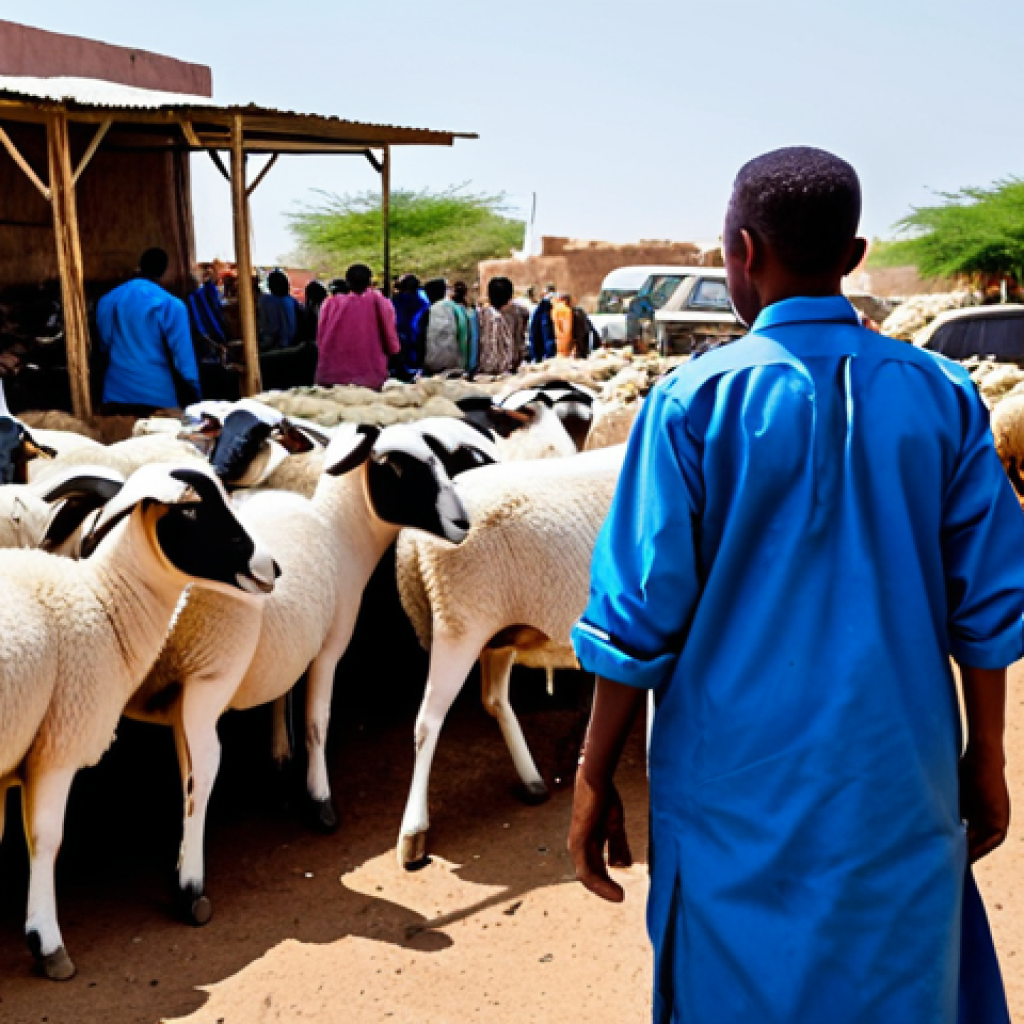 A bustling outdoor livestock market in Hargeisa, Somaliland. Professional, modest livestock traders, fully clothed in appropriate, practical workwear, are seen interacting with well-kept sheep and goats in pens. The scene captures a profound sense of purpose and activity, bathed in warm, natural light. This high-quality, professional photography emphasizes perfect anatomy, correct proportions, natural poses, well-formed hands, and proper finger counts. safe for work, appropriate content, family-friendly.