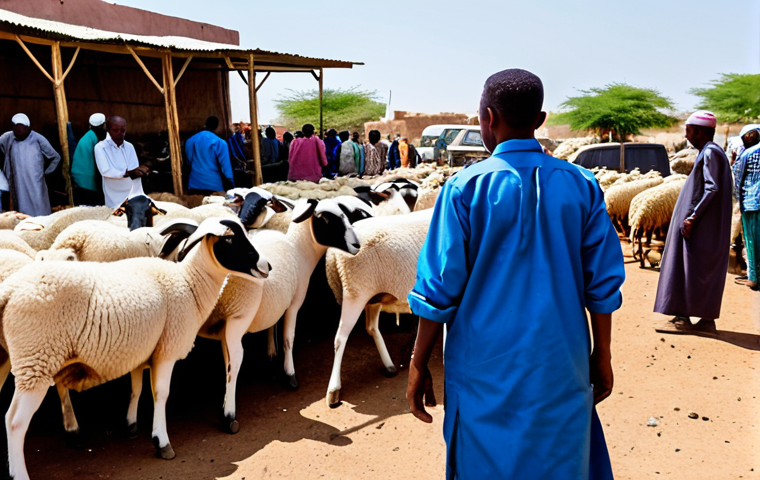 A bustling outdoor livestock market in Hargeisa, Somaliland. Professional, modest livestock traders, fully clothed in appropriate, practical workwear, are seen interacting with well-kept sheep and goats in pens. The scene captures a profound sense of purpose and activity, bathed in warm, natural light. This high-quality, professional photography emphasizes perfect anatomy, correct proportions, natural poses, well-formed hands, and proper finger counts. safe for work, appropriate content, family-friendly.
