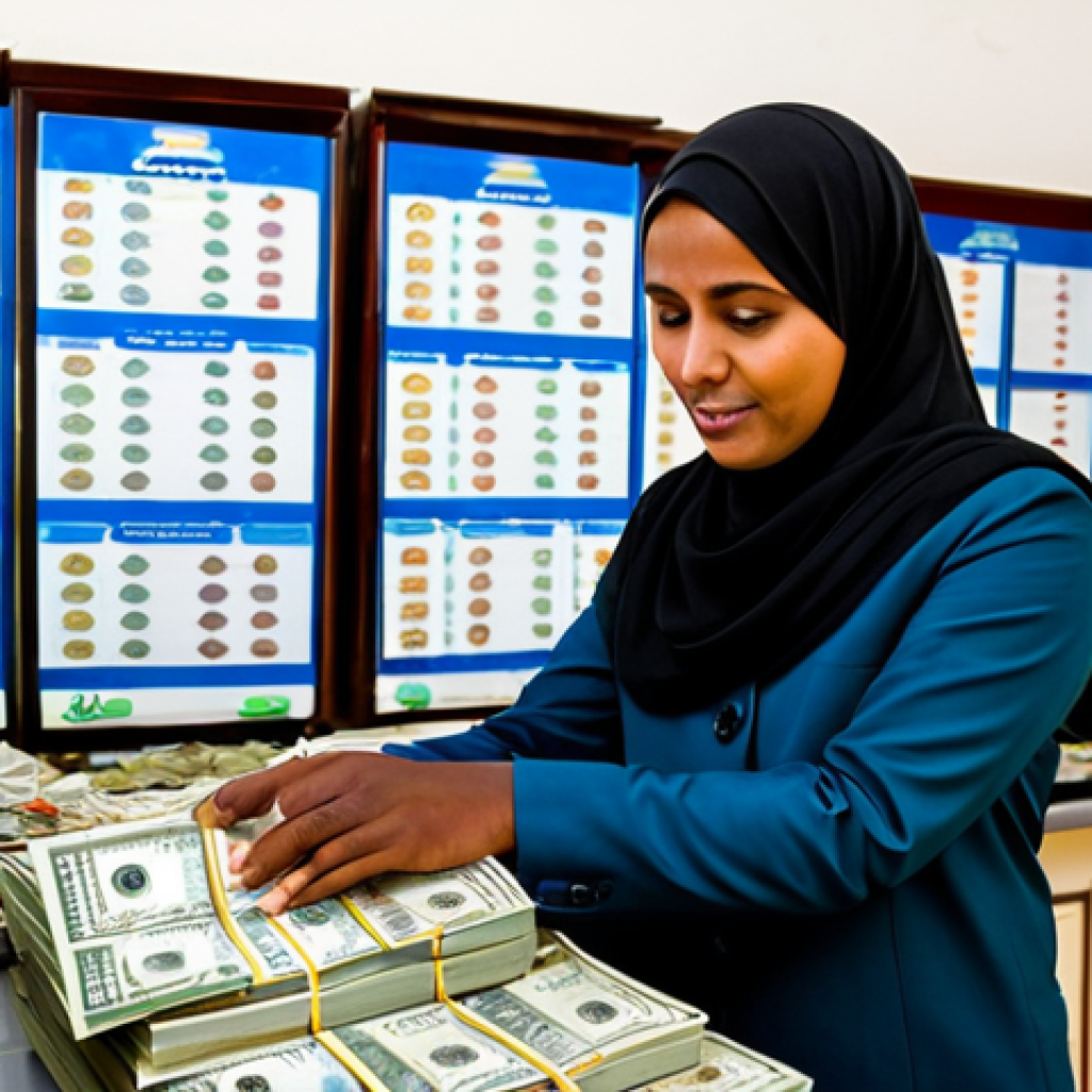 A professional traveler, fully clothed in modest, appropriate attire, stands at a counter in a local money exchange shop in Hargeisa. The scene features prominent stacks of colorful Somaliland Shilling notes on the counter, with a local money changer, also in professional dress, meticulously counting currency. The background shows a clean, well-lit interior of the shop. Perfect anatomy, correct proportions, natural pose, well-formed hands, proper finger count. Professional photography, high quality, safe for work, appropriate content, family-friendly.
