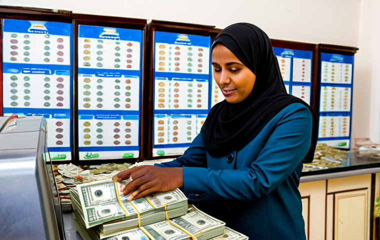 A professional traveler, fully clothed in modest, appropriate attire, stands at a counter in a local money exchange shop in Hargeisa. The scene features prominent stacks of colorful Somaliland Shilling notes on the counter, with a local money changer, also in professional dress, meticulously counting currency. The background shows a clean, well-lit interior of the shop. Perfect anatomy, correct proportions, natural pose, well-formed hands, proper finger count. Professional photography, high quality, safe for work, appropriate content, family-friendly.