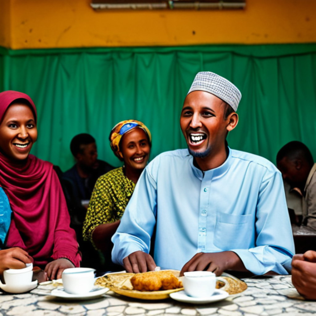 "A bustling tea shop in Hargeisa, Somaliland, filled with people laughing and listening to a storyteller. The storyteller is animated, gesturing with his hands. Focus on warm lighting and rich details of Somali clothing. fully clothed, appropriate content, safe for work, perfect anatomy, natural proportions, professional, modest, family-friendly"