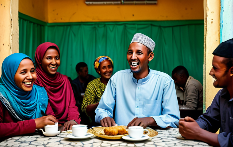 "A bustling tea shop in Hargeisa, Somaliland, filled with people laughing and listening to a storyteller. The storyteller is animated, gesturing with his hands. Focus on warm lighting and rich details of Somali clothing. fully clothed, appropriate content, safe for work, perfect anatomy, natural proportions, professional, modest, family-friendly"