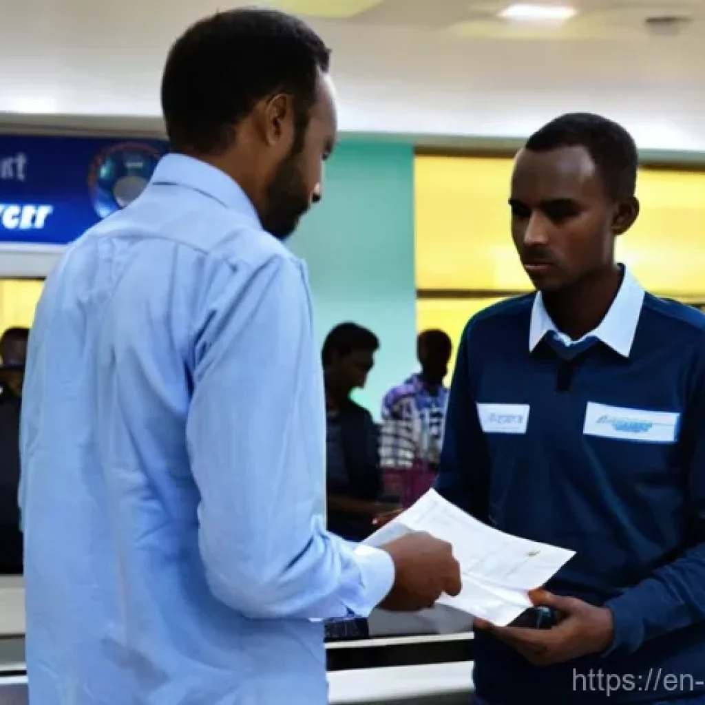 소말릴란드 여행 시 필요한 서류 - **Prompt:** A well-lit scene inside Hargeisa Egal International Airport. A traveler in their late 20...