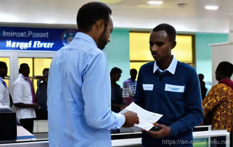 소말릴란드 여행 시 필요한 서류 - **Prompt:** A well-lit scene inside Hargeisa Egal International Airport. A traveler in their late 20...
