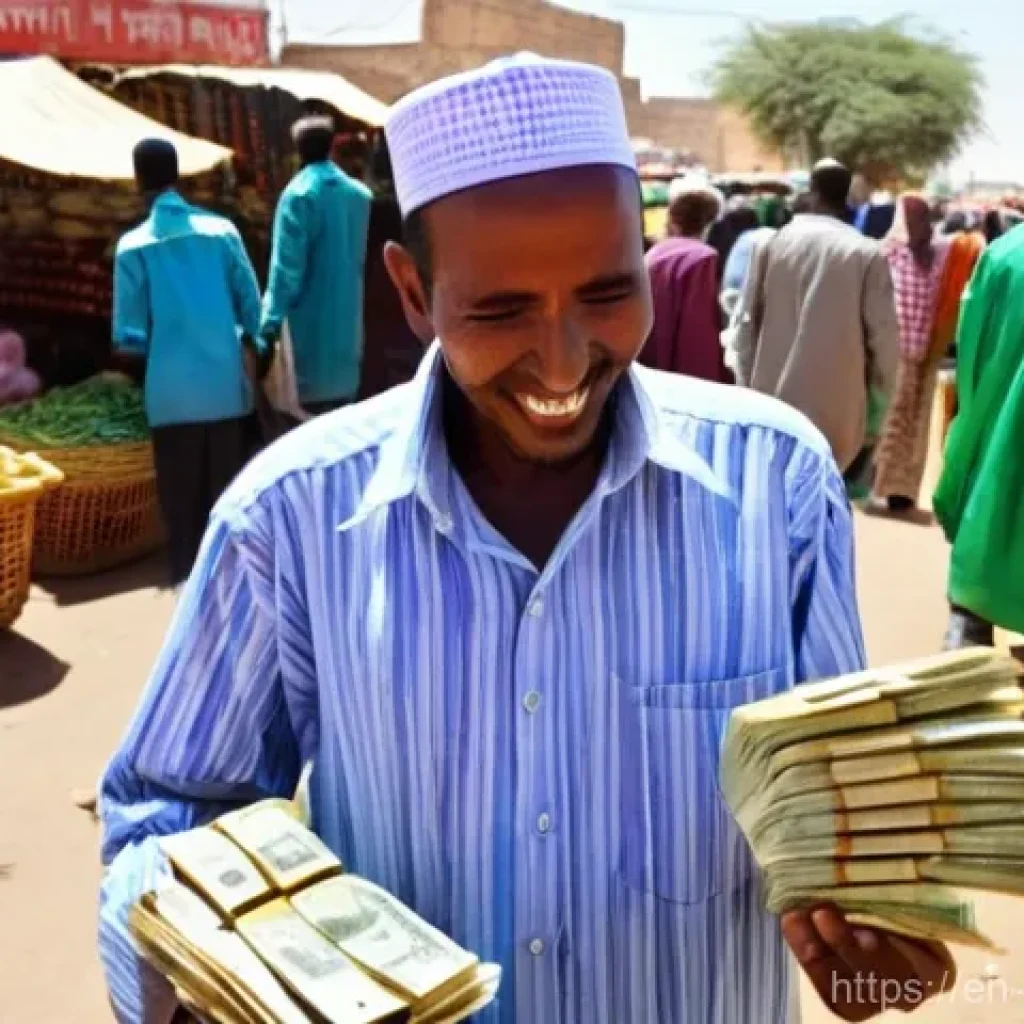 소말릴란드 화폐 사용법 - **Prompt:** A bustling street market in Hargeisa, Somaliland, vibrant with activity under a clear, s...