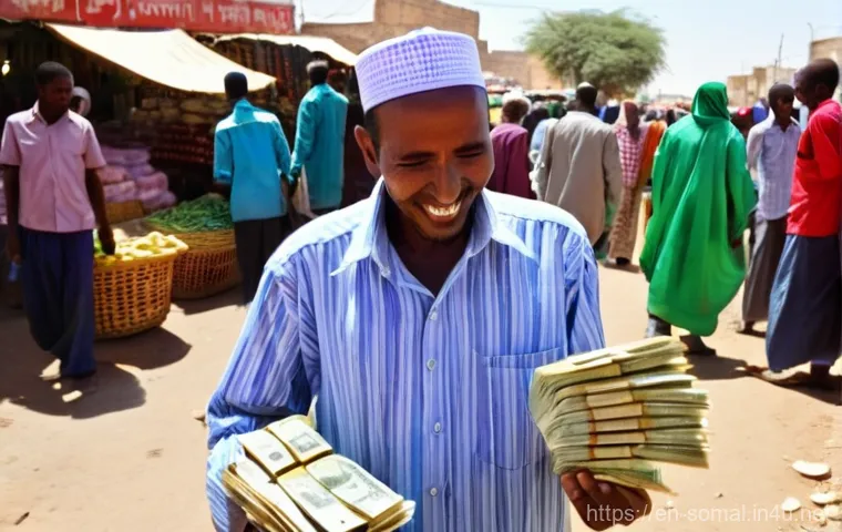 소말릴란드 화폐 사용법 - **Prompt:** A bustling street market in Hargeisa, Somaliland, vibrant with activity under a clear, s...