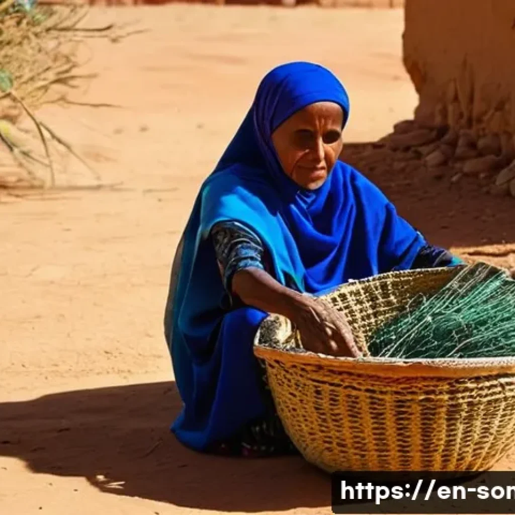 소말릴란드의 전통 공예품 - **Prompt:** A serene, elderly Somaliland woman, dressed in modest, brightly colored traditional atti...
