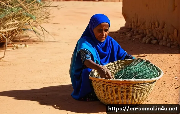 소말릴란드의 전통 공예품 - **Prompt:** A serene, elderly Somaliland woman, dressed in modest, brightly colored traditional atti...