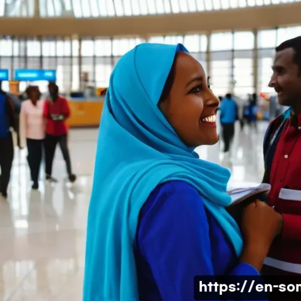 소말릴란드 주요 공항과 항공사 - **Prompt:** A bustling and vibrant scene inside Hargeisa Egal International Airport's main terminal ...