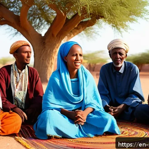 소말릴란드 문학과 시인 - A vibrant outdoor poetry gathering in Somaliland at dusk, featuring a diverse group of elders and yo...