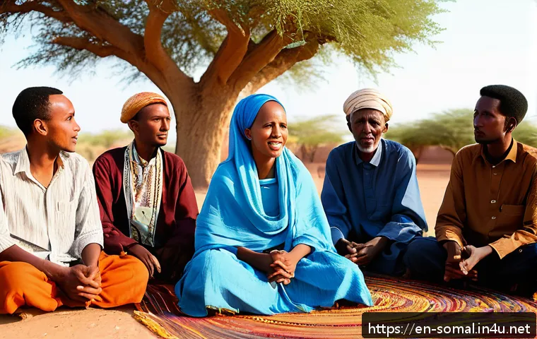 소말릴란드 문학과 시인 - A vibrant outdoor poetry gathering in Somaliland at dusk, featuring a diverse group of elders and yo...