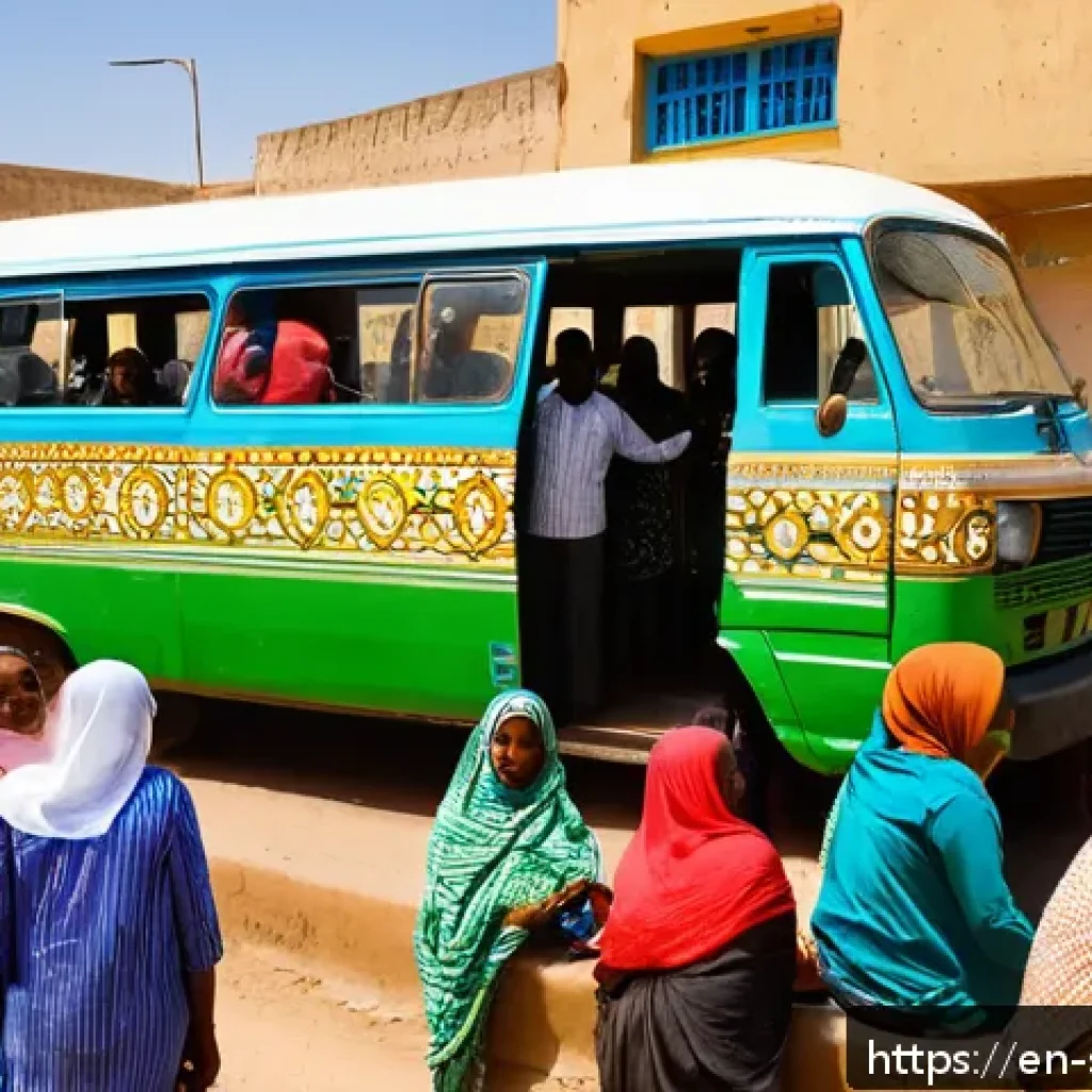 소말릴란드 대중교통 이용법 - A bustling urban street scene in Somaliland featuring a colorful shared minibus ("dala-dala") packed...