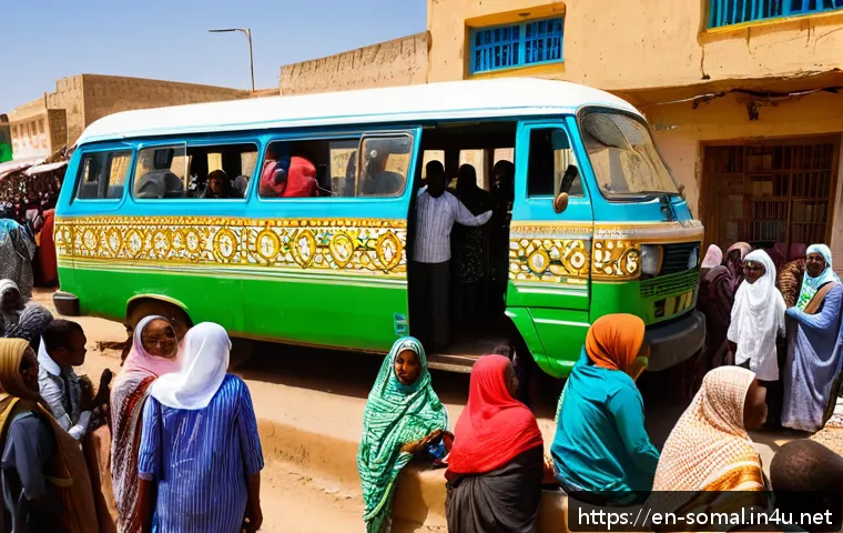 소말릴란드 대중교통 이용법 - A bustling urban street scene in Somaliland featuring a colorful shared minibus ("dala-dala") packed...
