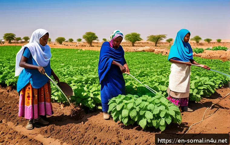 소말릴란드 카트 재배 및 영향 - A vibrant scene of Somaliland farmers working together in a sunny, arid landscape, demonstrating mod...
