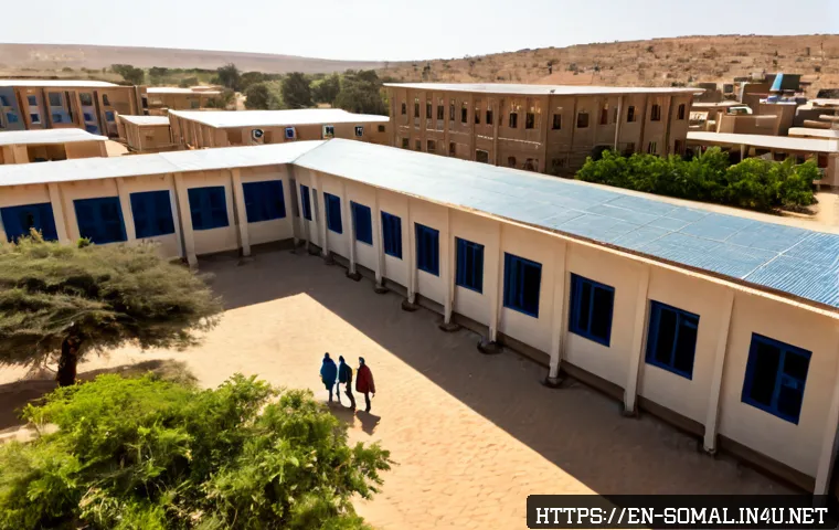 소말릴란드의 주요 대학 - Photorealistic wide-angle view of a modern university campus in Hargeisa, Somaliland, low-rise sands...