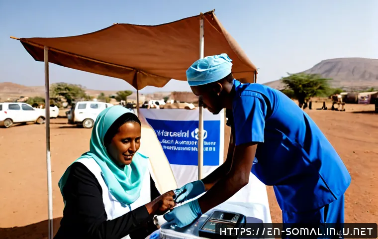 소말릴란드 내 주요 NGO - Photorealistic humanitarian NGO field team conducting a mobile health outreach in Somaliland, a comp...